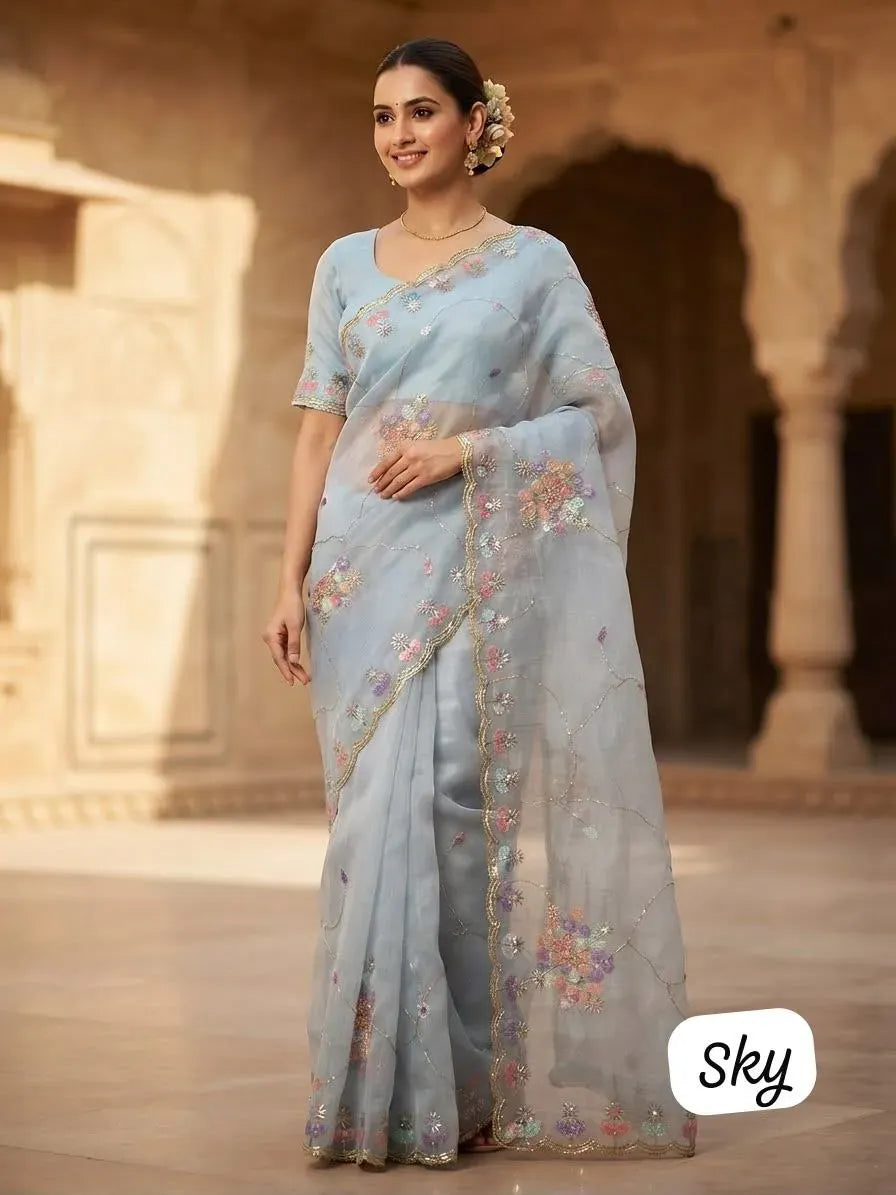 Model wearing sky blue chiffon saree with sequence work