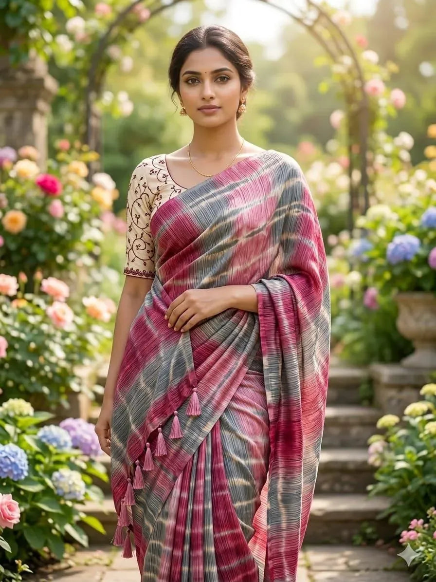 Model wearing red and grey shibori print chiffon silk saree in garden setting