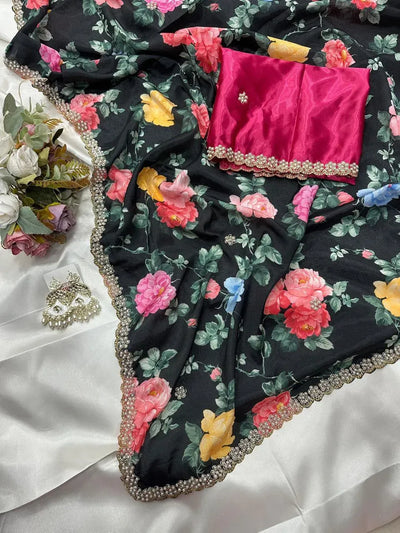 Trending Chinnon Digital Print Saree - Embroidery & Diamond Work