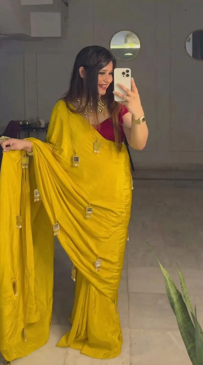 Trending Chinnon Saree - Real Mirror Moti Latkan & Kawdi Work for Women | Festive & Party Wear