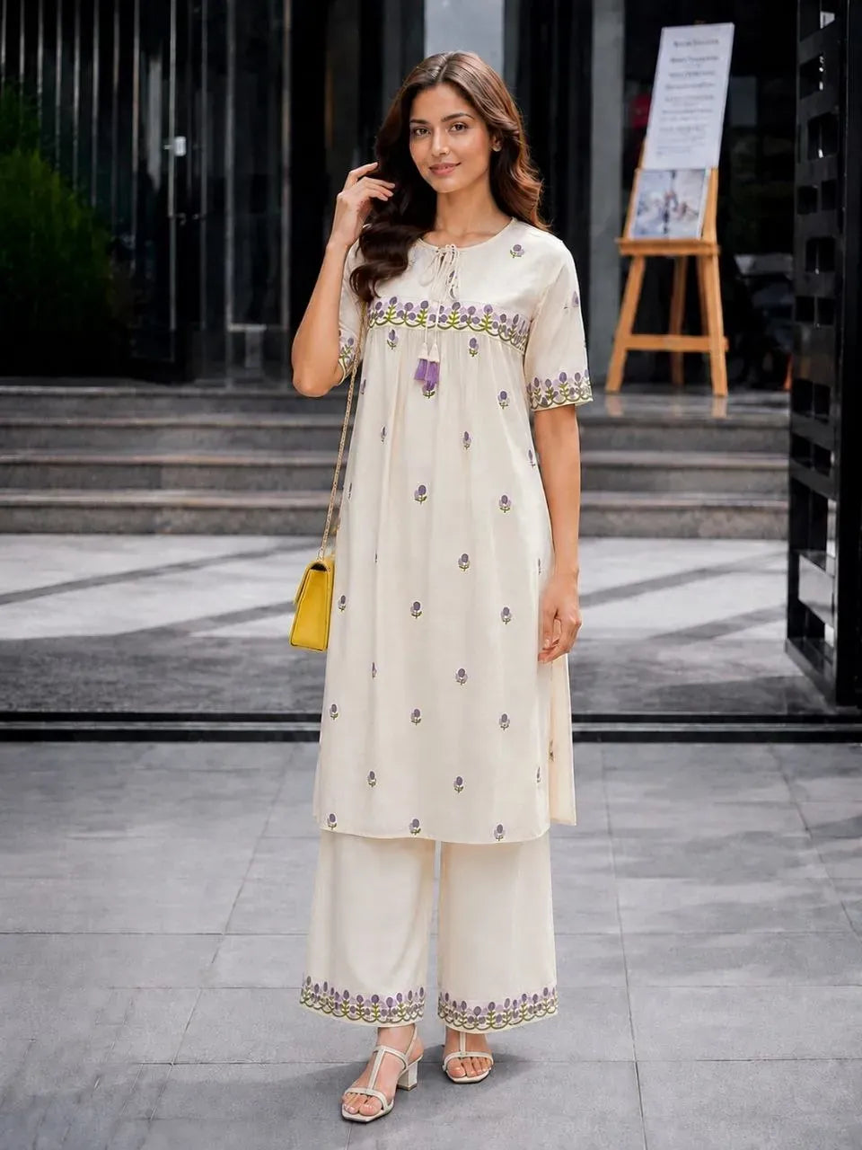 Full length view of woman wearing off-white cotton printed 2 pcs set with yellow bag
