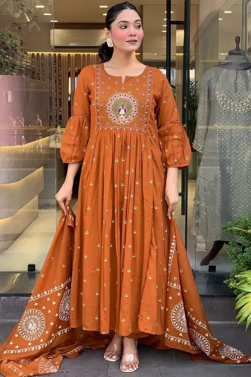 Full length front view of model in rust orange Anarkali suit set