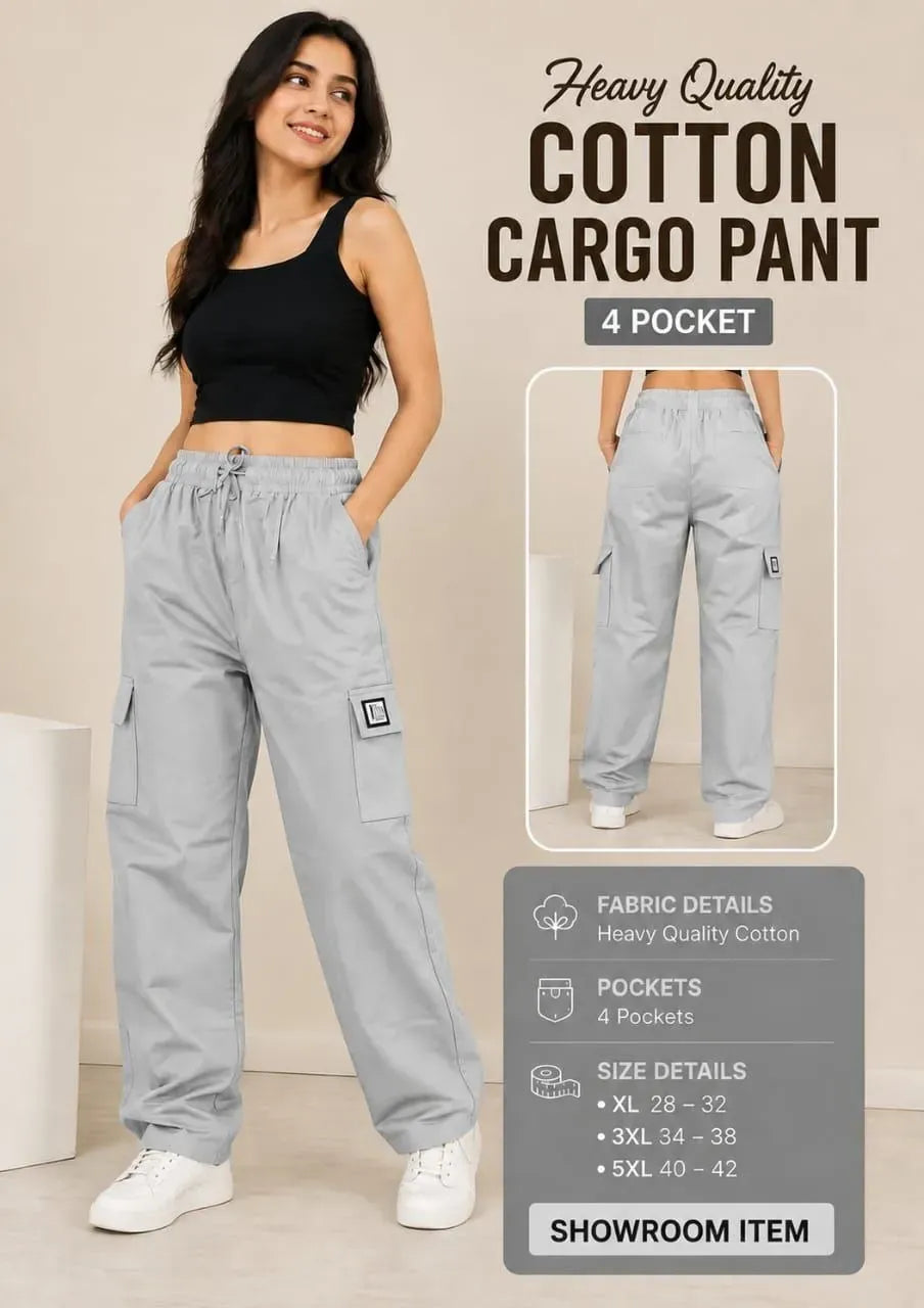 Model wearing light grey heavy quality cotton cargo pant with 4 pockets front view