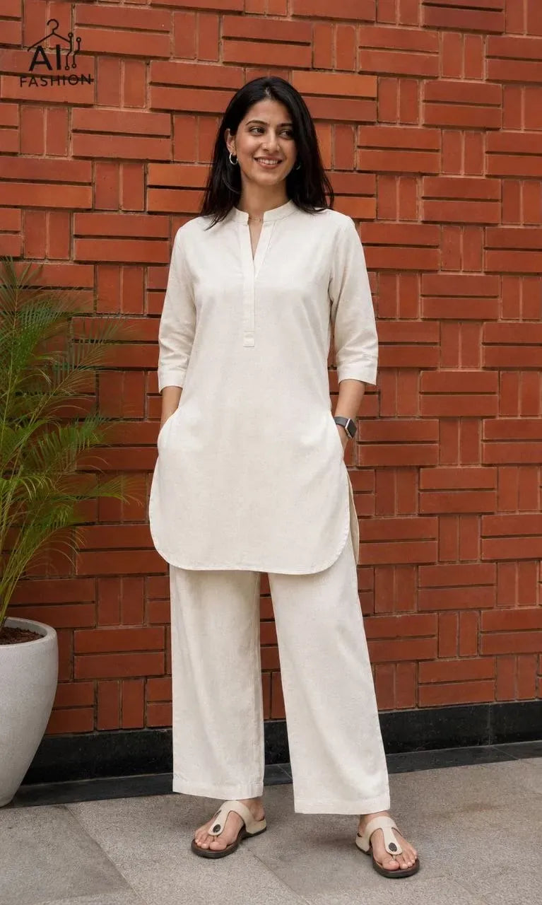 Model wearing off-white flex cotton co-ord set against brick wall