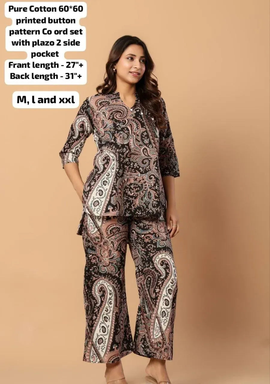 Model wearing black paisley print pure cotton cord set with palazzo
