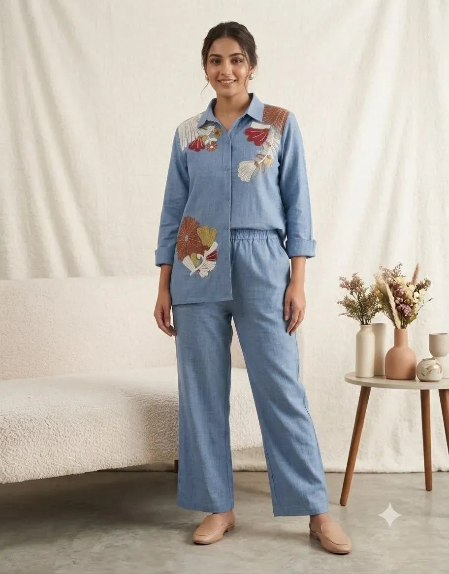 Model wearing blue cotton denim sequence embroidered co-ord set with shirt and pants