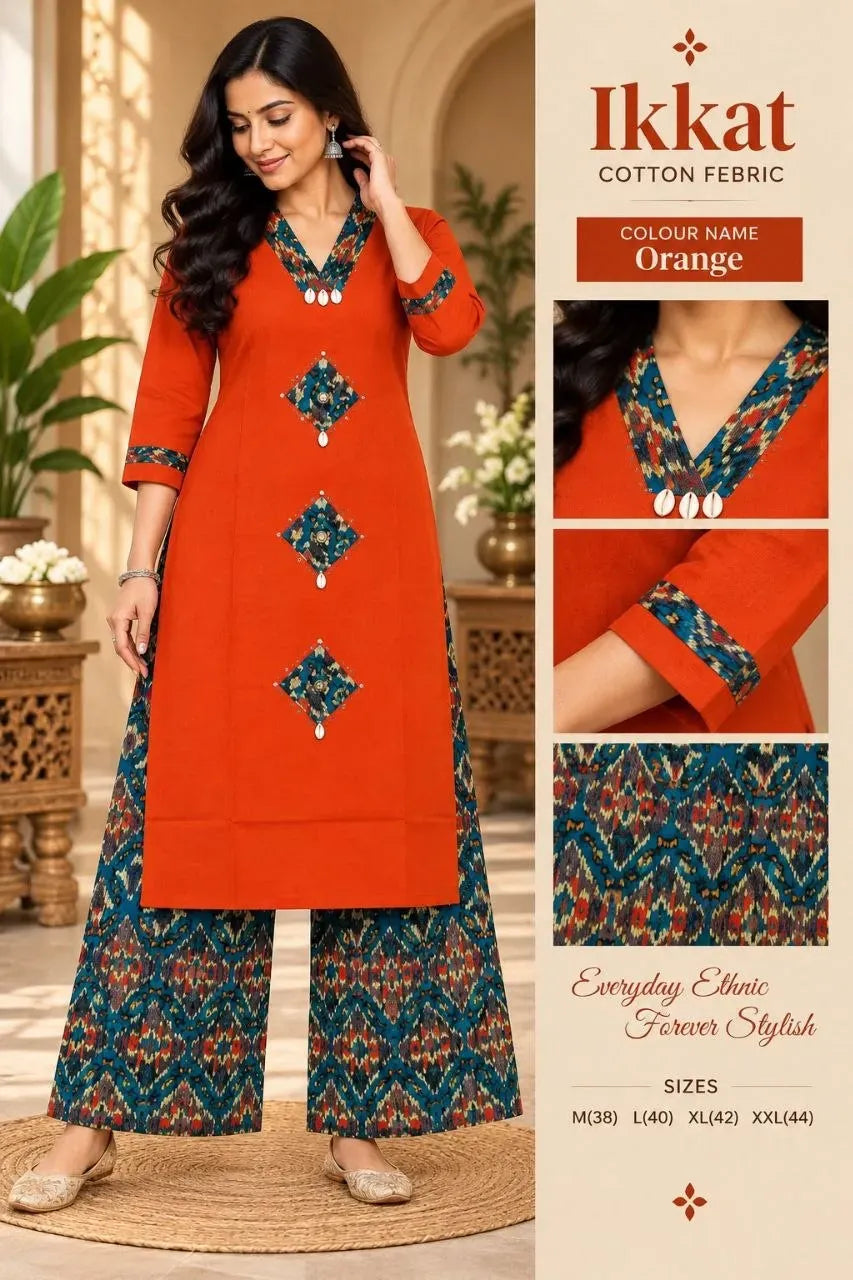 Model wearing orange cotton ikkat print co-ord set with V-neck