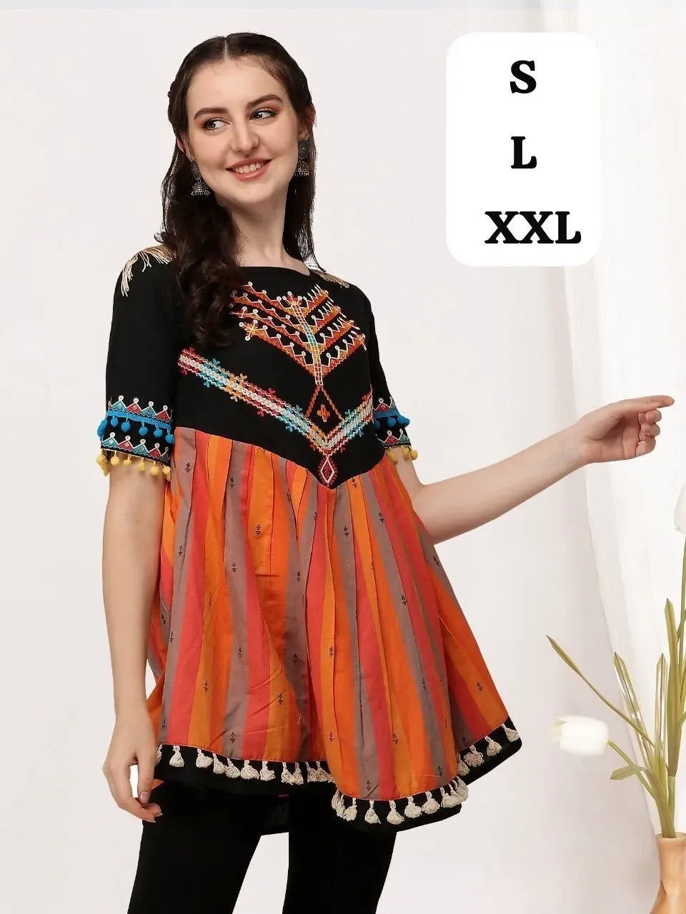 Model wearing black and orange embroidered cotton kediya with size chart overlay