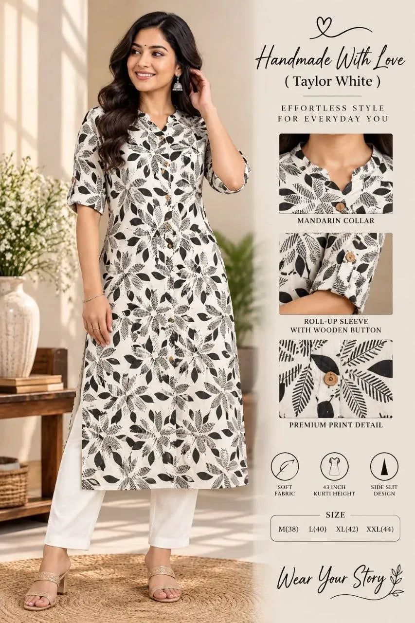Woman wearing Taylor White printed bamboo cotton kurta set with mandarin collar
