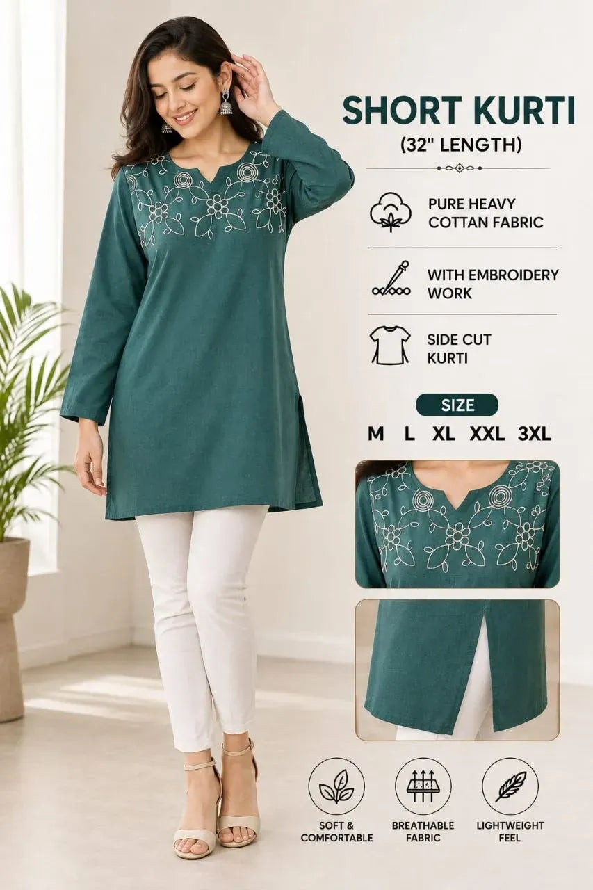 Teal short cotton kurti front view with white pants on model