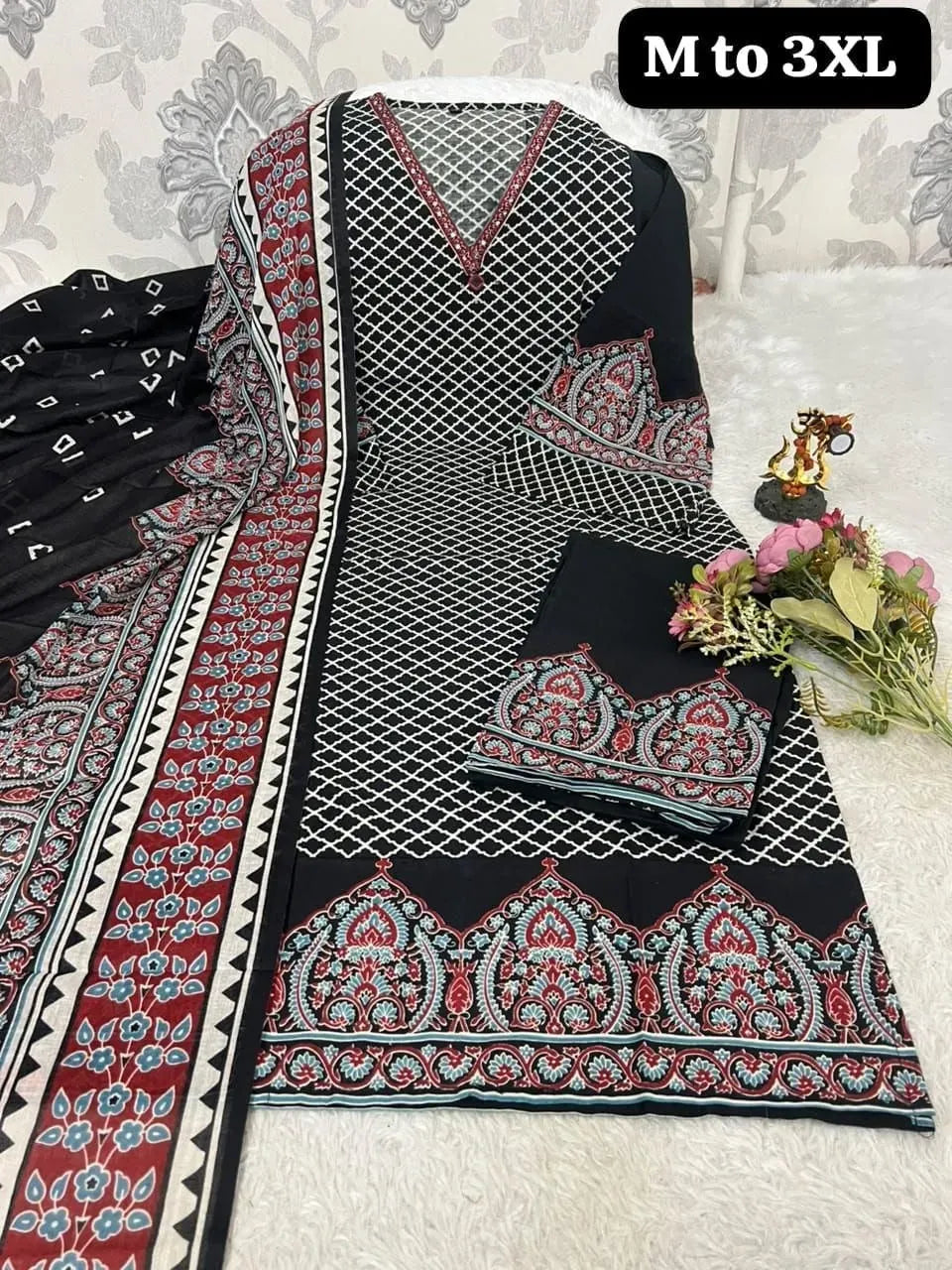 Black and white geometric print cotton kurti set with dupatta and decorative flowers