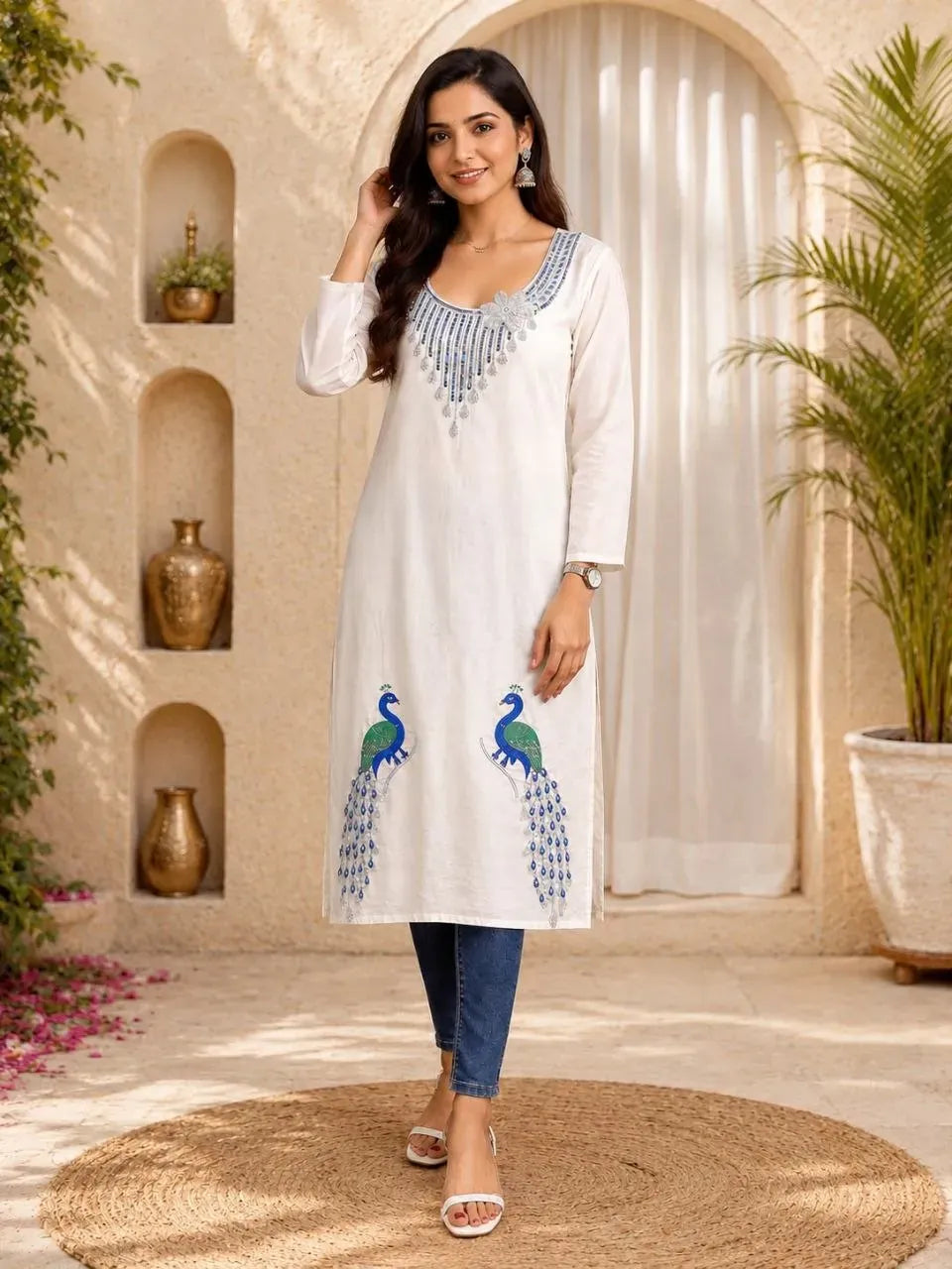 Full body shot of model posing in white kurti set with decorative archway background