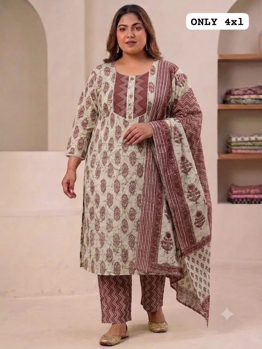 Plus size model wearing beige and maroon printed cotton kurti set with dupatta