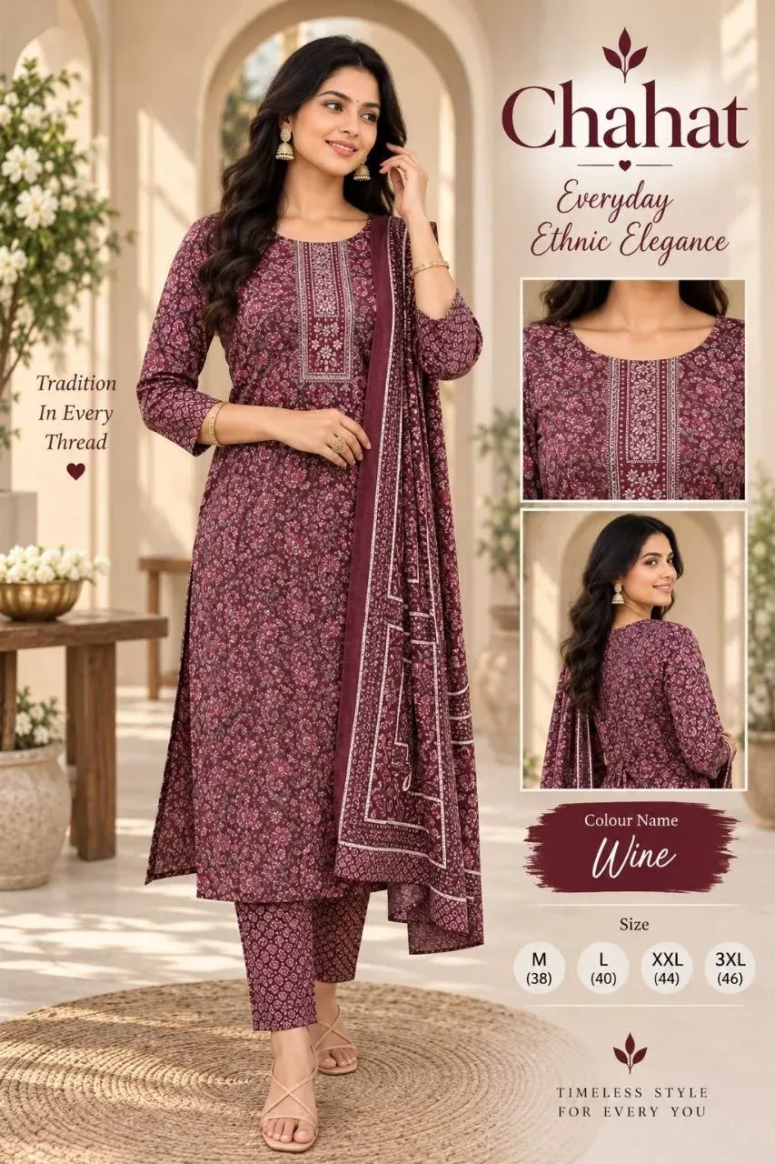 Model wearing wine colored cotton straight kurta set with intricate yoke embroidery and matching dupatta