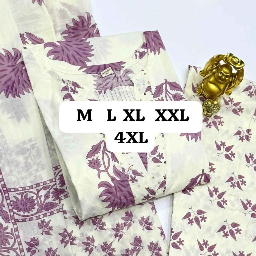 Folded off-white and purple floral jaipuri cotton kurti set with size tags