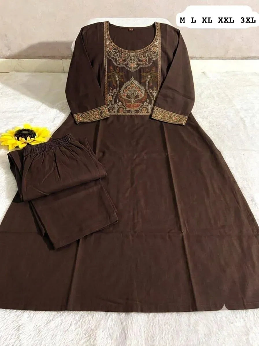 Brown Dhabu cotton kurti and palazzo set with yoke embroidery