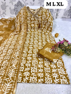 Premium Pure Cotton Floral Print Kurti Pant Dupatta Set with Heavy V-Neck Embroidery