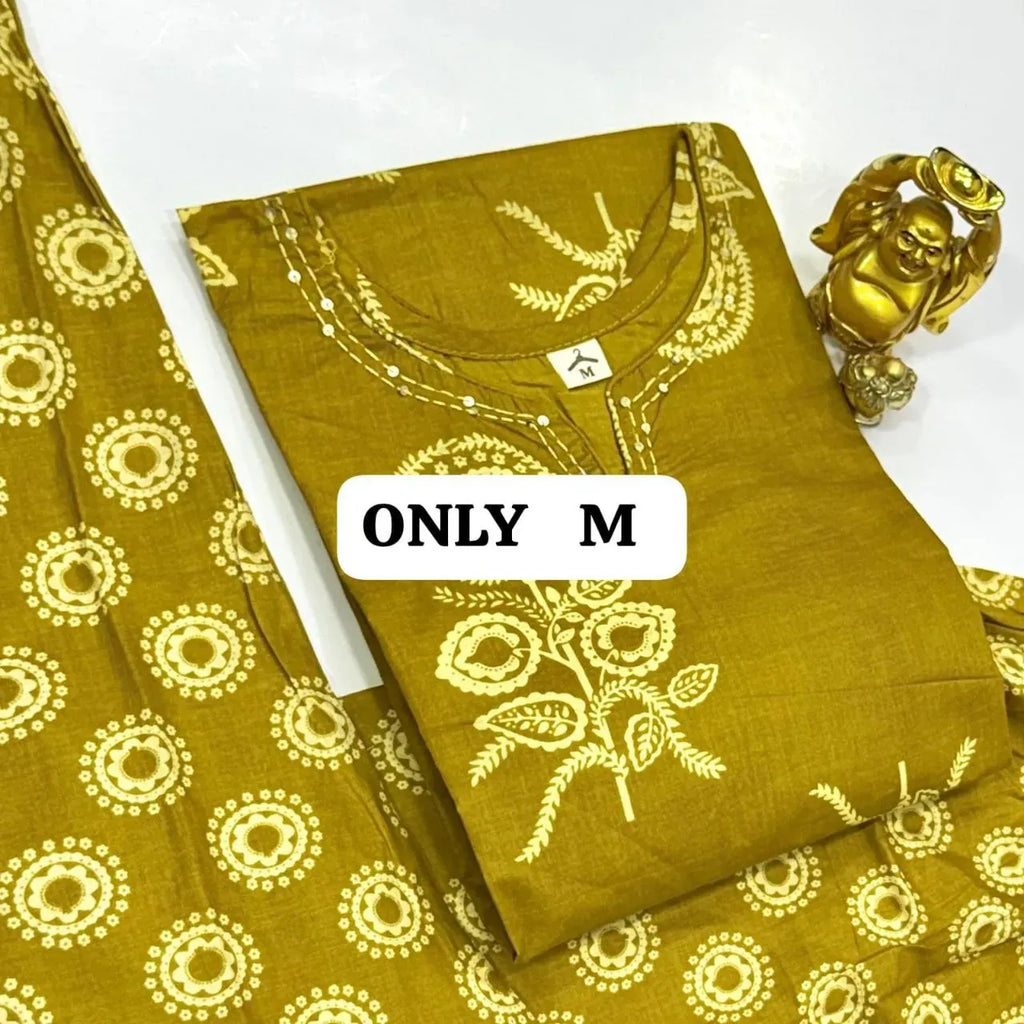 Mustard yellow Jaipuri cotton kurti pant set with white circular motif print