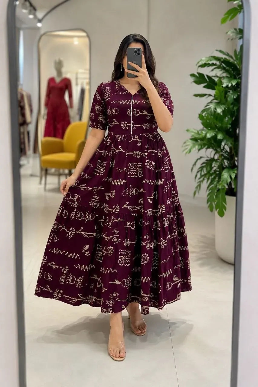 Woman wearing maroon printed cotton midi dress in mirror selfie