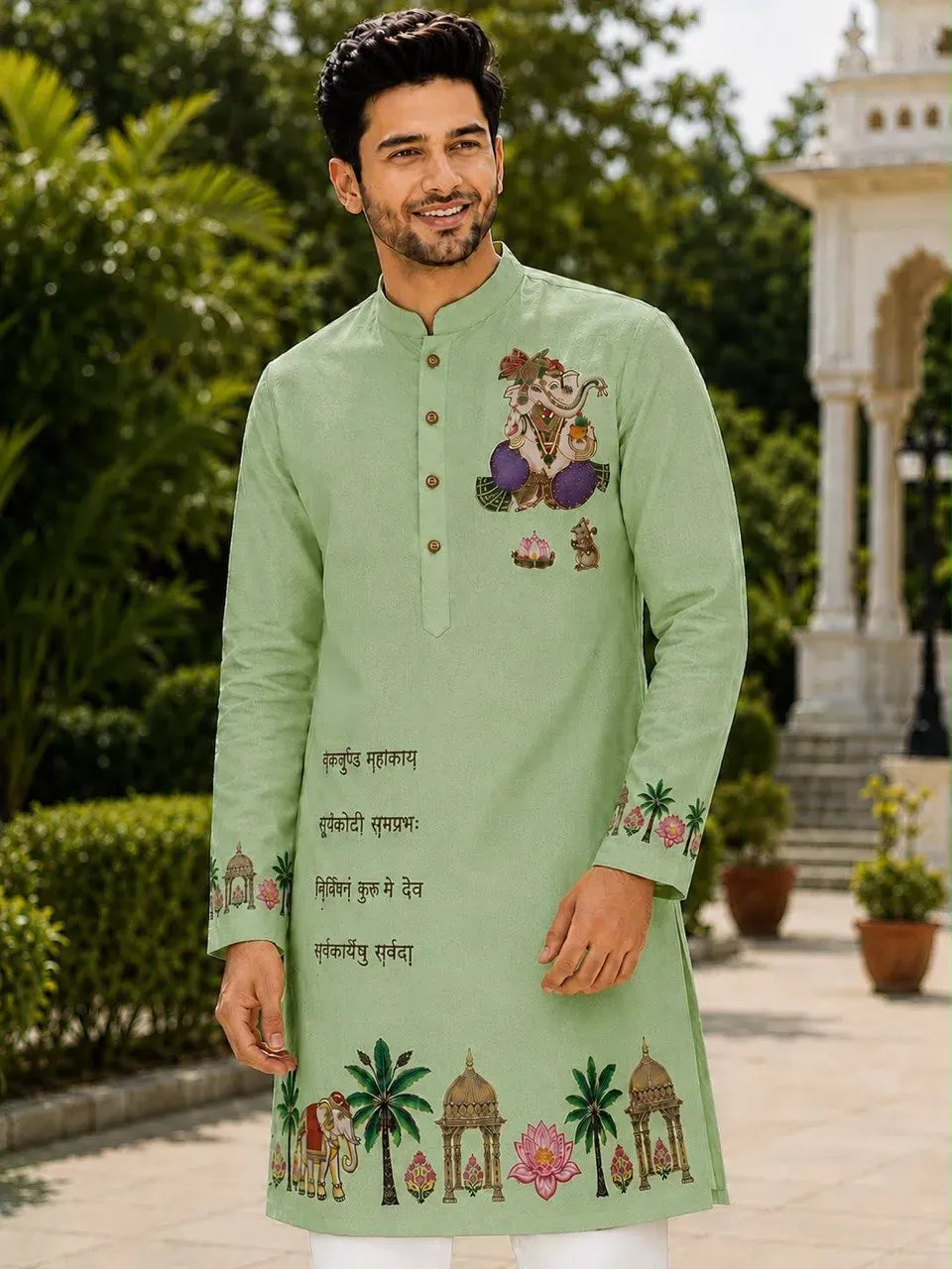 Man wearing light green cotton printed kurta with Ganpati design front view