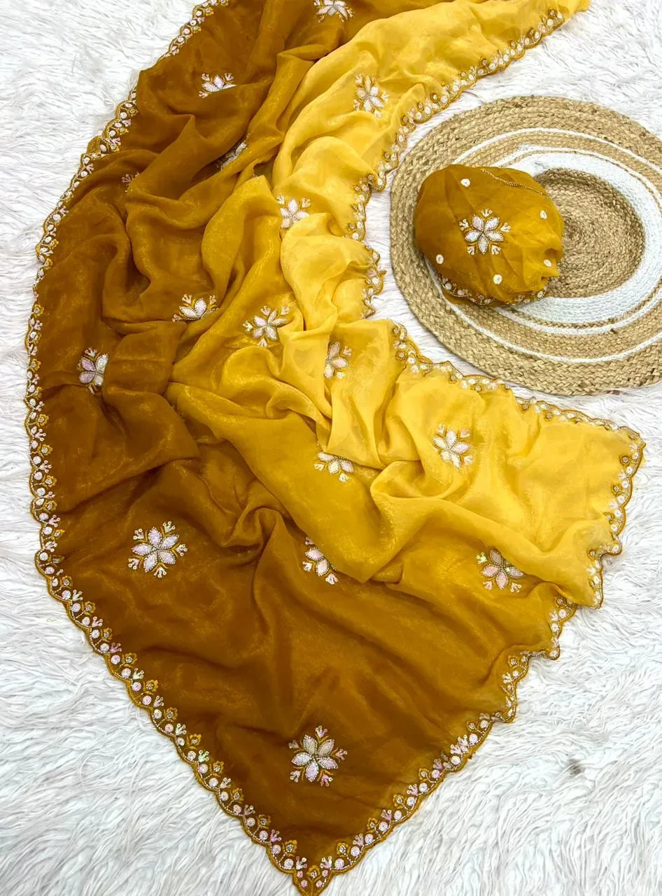 Premium Crunchy Silk Saree with Handcrafted Sequence Embroidery