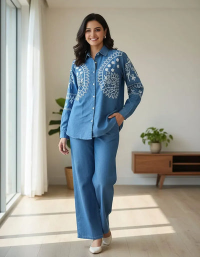 Trending Denim Cordset - Elegant Embroidered Design for Women