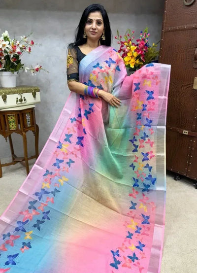 Trending Digital Print Linen Saree - Vibrant Butterfly Design for Women