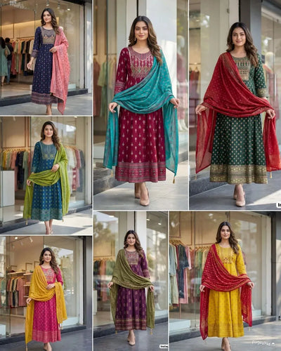 Trending Embroidered Anarkali Gown - Multi-Color Print & Dupatta for Women | Sizes M-XXL