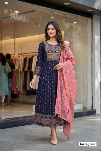 Trending Embroidered Anarkali Gown - Multi-Color Print & Dupatta for Women | Sizes M-XXL