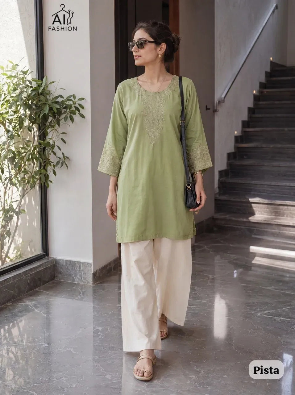 Model wearing pista green embroidered short kurti with white pants