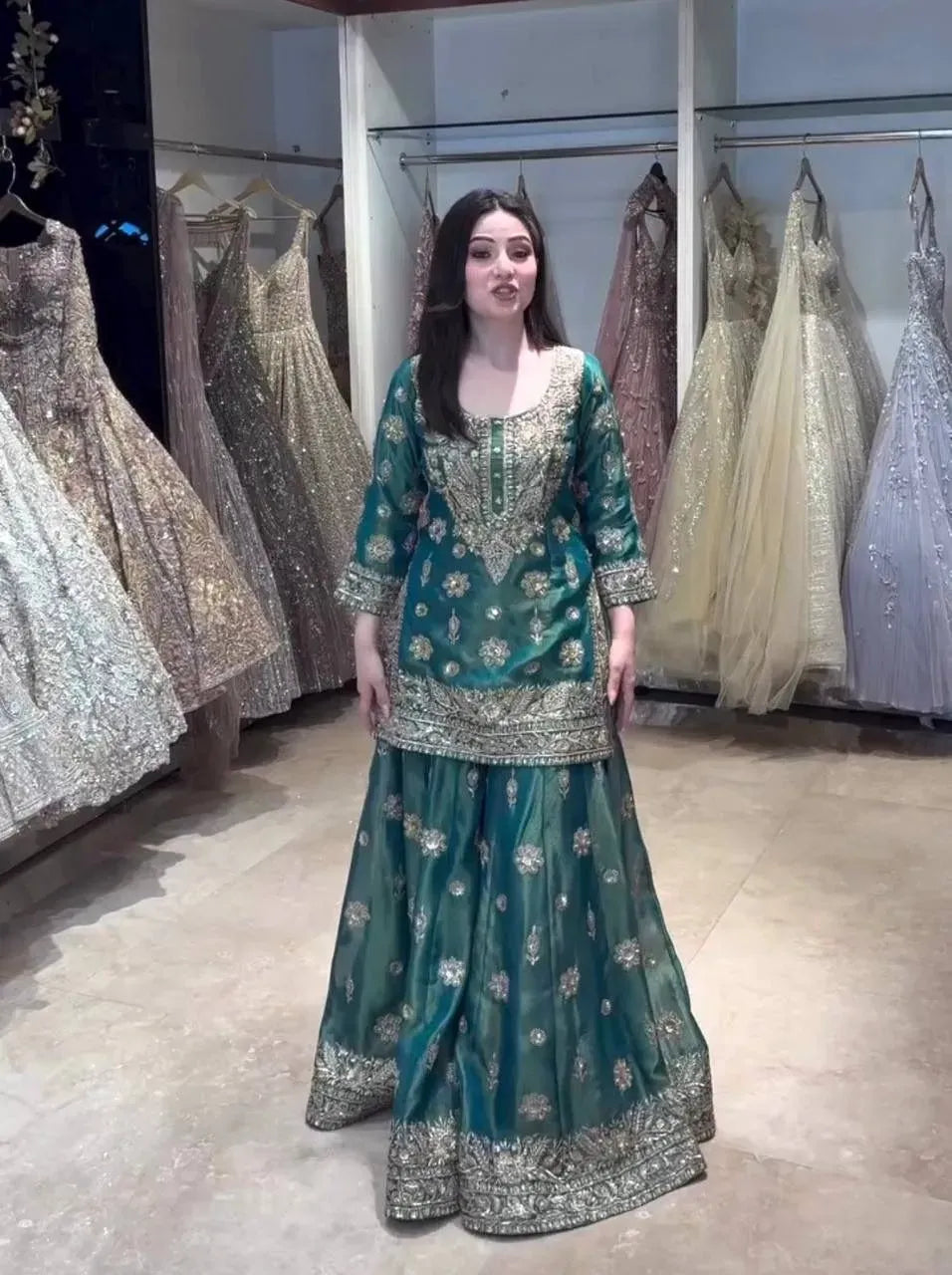 Exclusive Embroidered Pure Silk Sarara Suit for Festive Wear