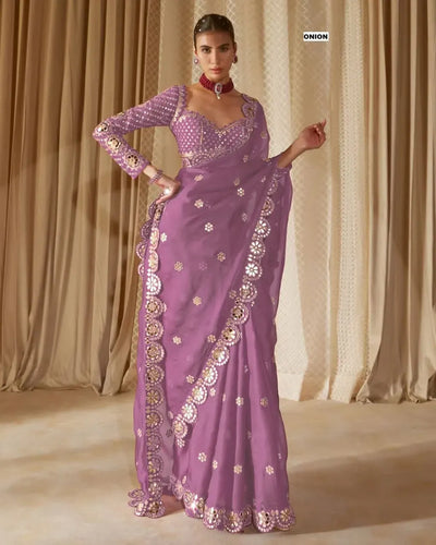 Trending Faux Georgette Saree - Original Mirror & Sequence Work with Stitched Blouse