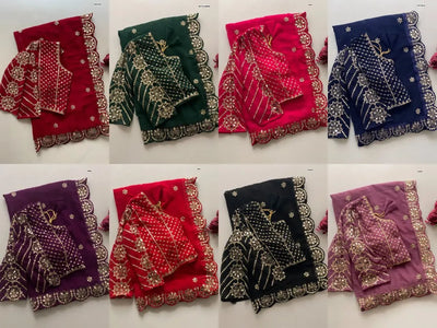Trending Faux Georgette Saree - Original Mirror & Sequence Work with Stitched Blouse
