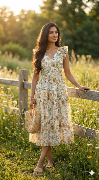 Trending Floral Ruffled Gown - Flowy Pleated Style for Women