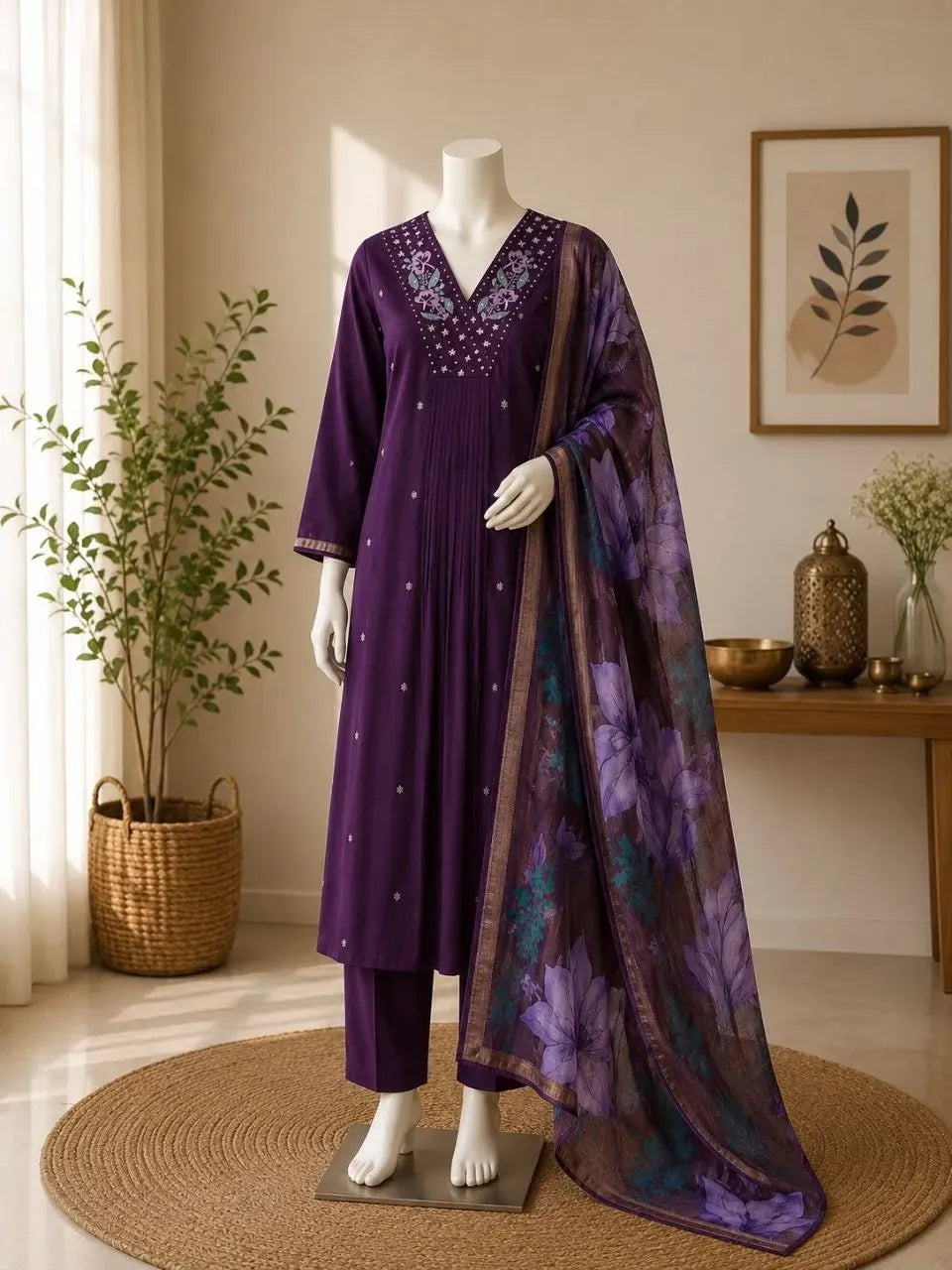 Mannequin displaying purple Gaji Silk Anarkali suit with V-neck embroidery and floral dupatta