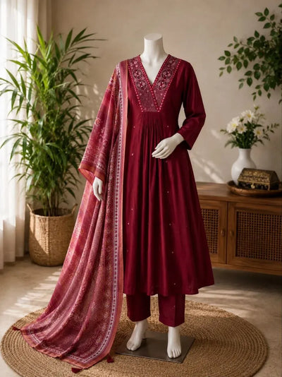 Trending Gaji Silk Anarkali Suit Set - Embroidered Mirror Work Festive Wear for Women