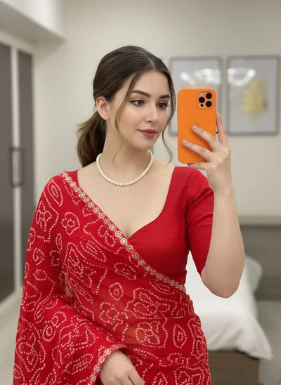 Trending Georgette Bandhej Saree - Elegant Lace Border for Wedding & Party Wear