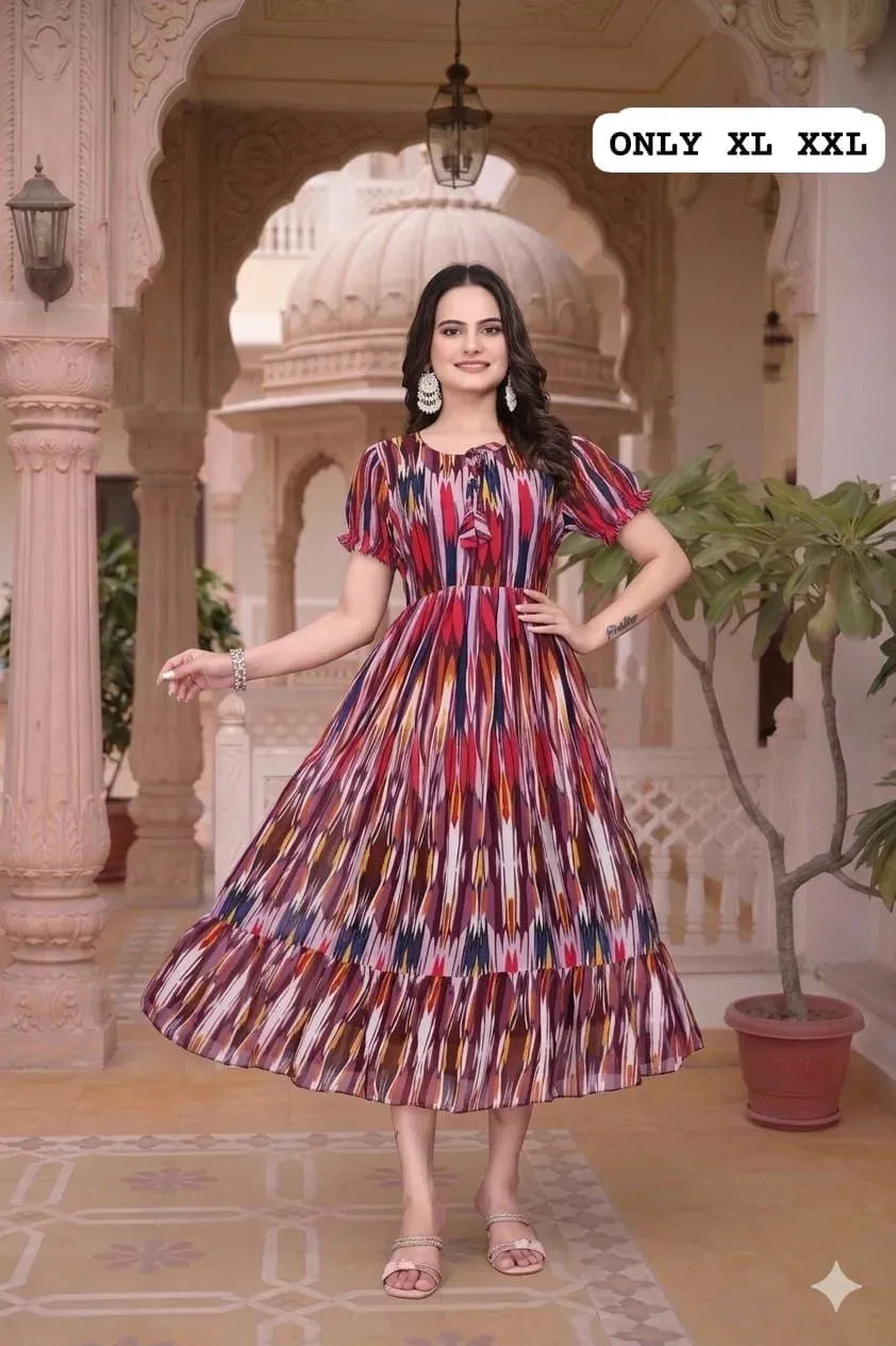 Model wearing multi-color printed georgette long maxi dress front view