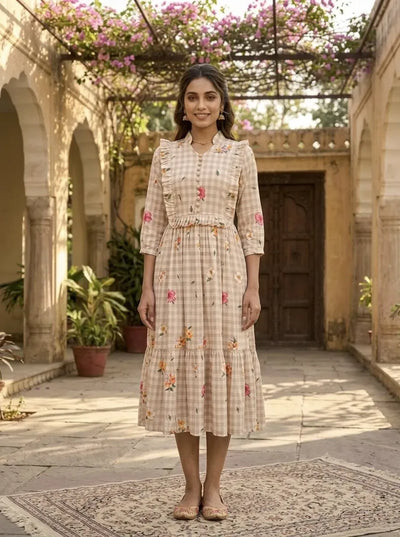 Trending Gingham Floral Kurti for Women - Flowy Flair & Comfort for Casual & Monsoon Wear