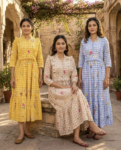 Trending Gingham Floral Kurti for Women - Flowy Flair & Comfort for Casual & Monsoon Wear