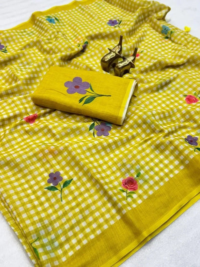 Trending Handloom Linen Saree - Digital Floral Charm for Women