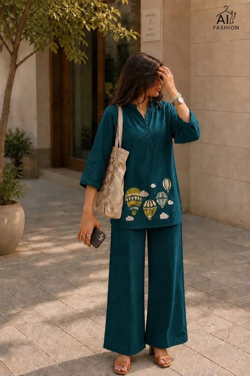 Teal heavy dabbu cotton kurti with hot air balloon embroidery and palazzo on model