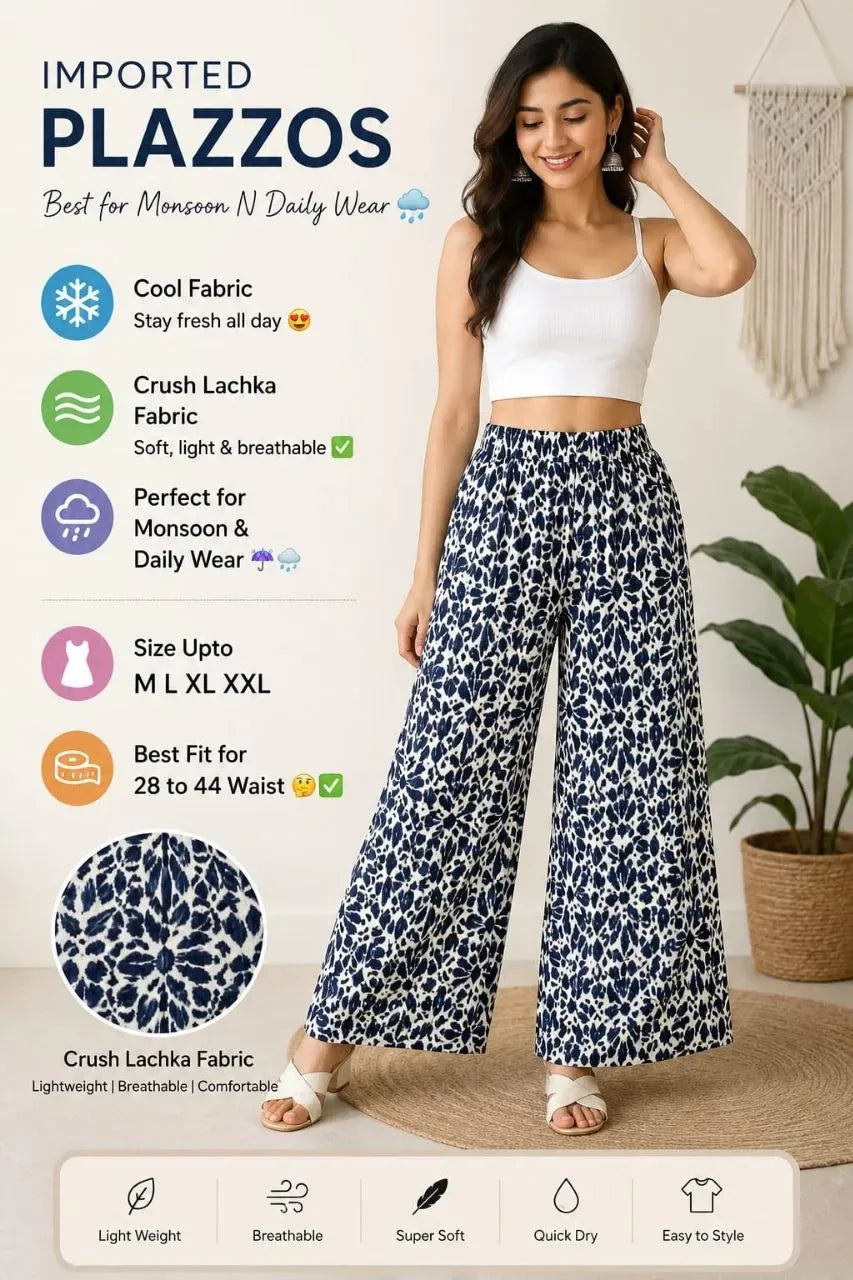 Model wearing blue and white tie-dye crush fabric palazzo pants