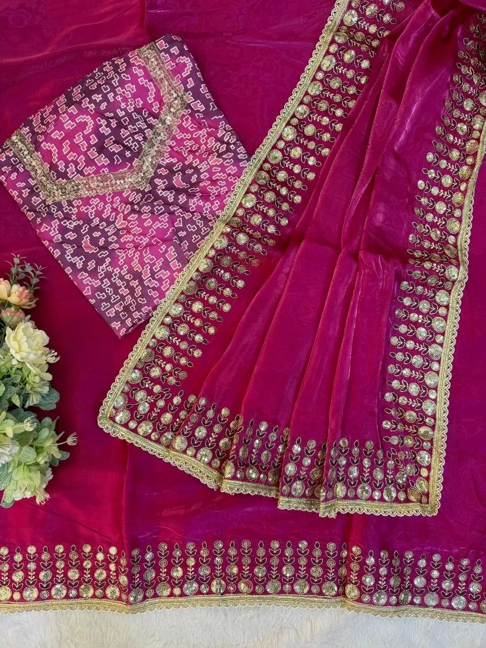 Flat lay of pink satin saree showcasing heavy sequence work and matching printed blouse