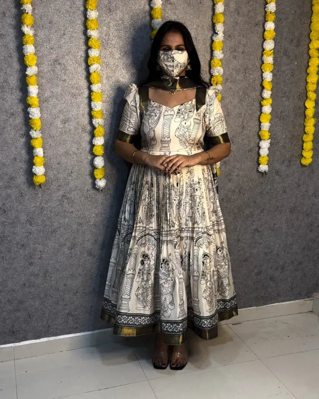 Premium Kalamkari Dola Silk Anarkali Suit with Puff Sleeves