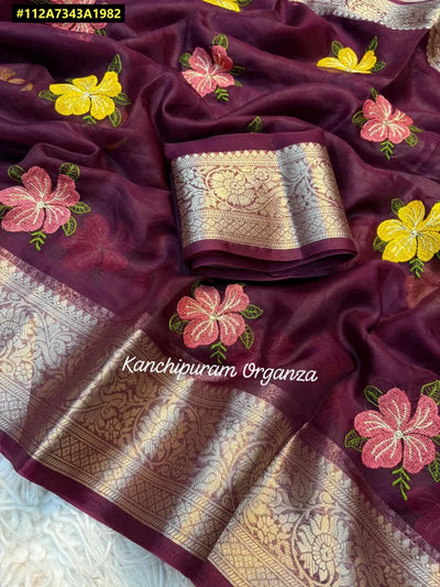 Trending Kanchipuram Organza Saree - Floral Embroidered with Jacquard Border for Women
