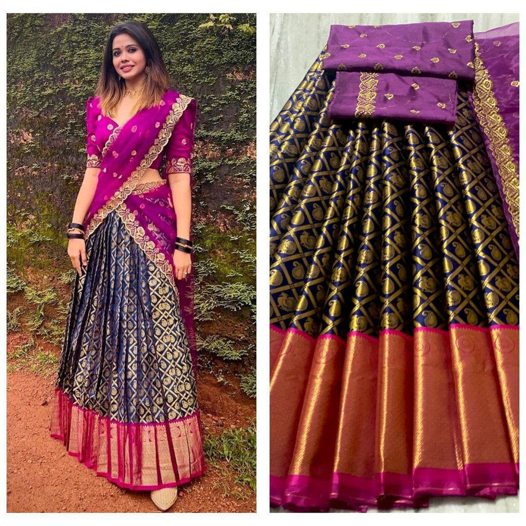 Deep Purple and Navy Kanjiveram Silk Half Saree Lehenga with Zari Weave and Velvet Blouse