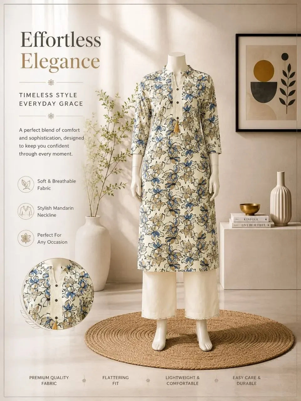 White and blue floral khadi cotton co-ord set on mannequin