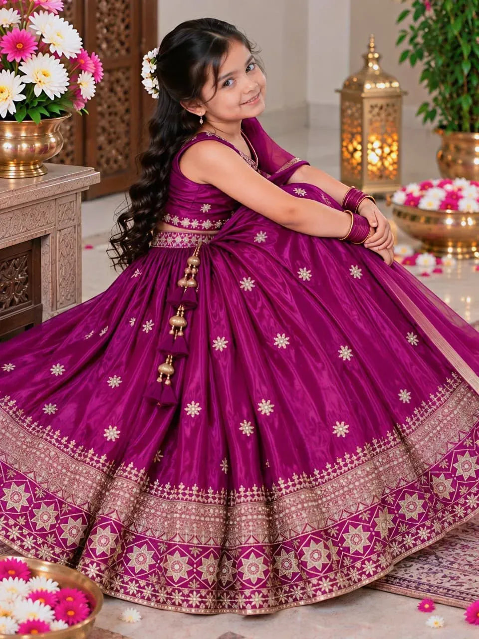 Young girl wearing purple embroidered chinon silk lehenga set