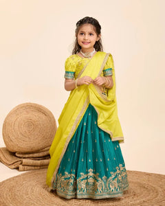 Premium Chinnon Kids Lehenga Choli with Elephant Embroidery & Zari Border for Festive Weddings
